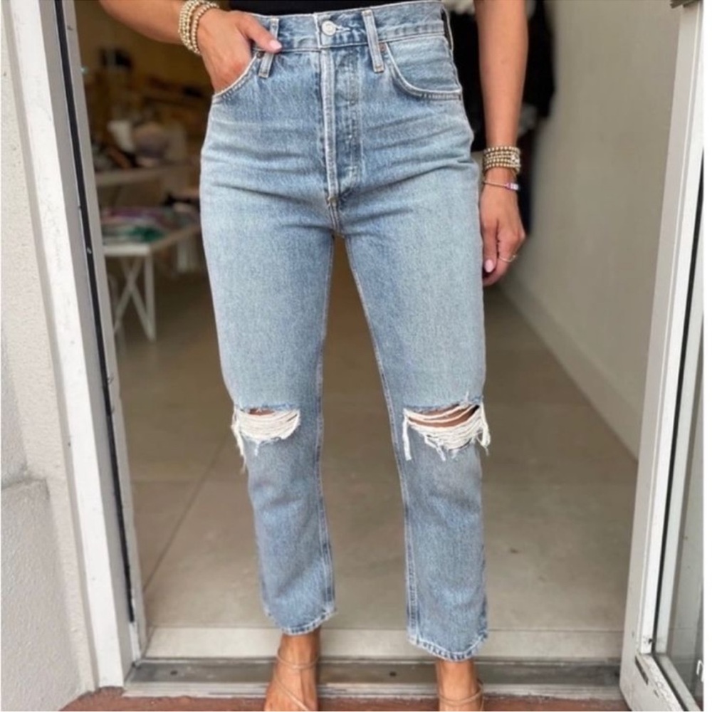 Agolde Riley High Rise Blue Distressed Jeans